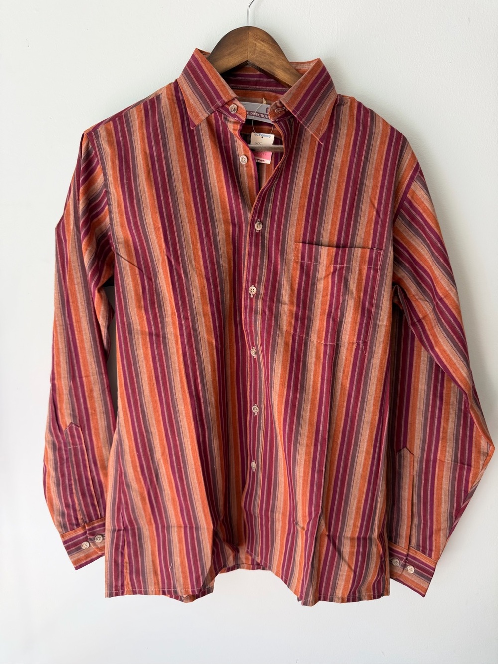 Vintage Striped Red-Orange Long Sleeve Button-Up Shirt